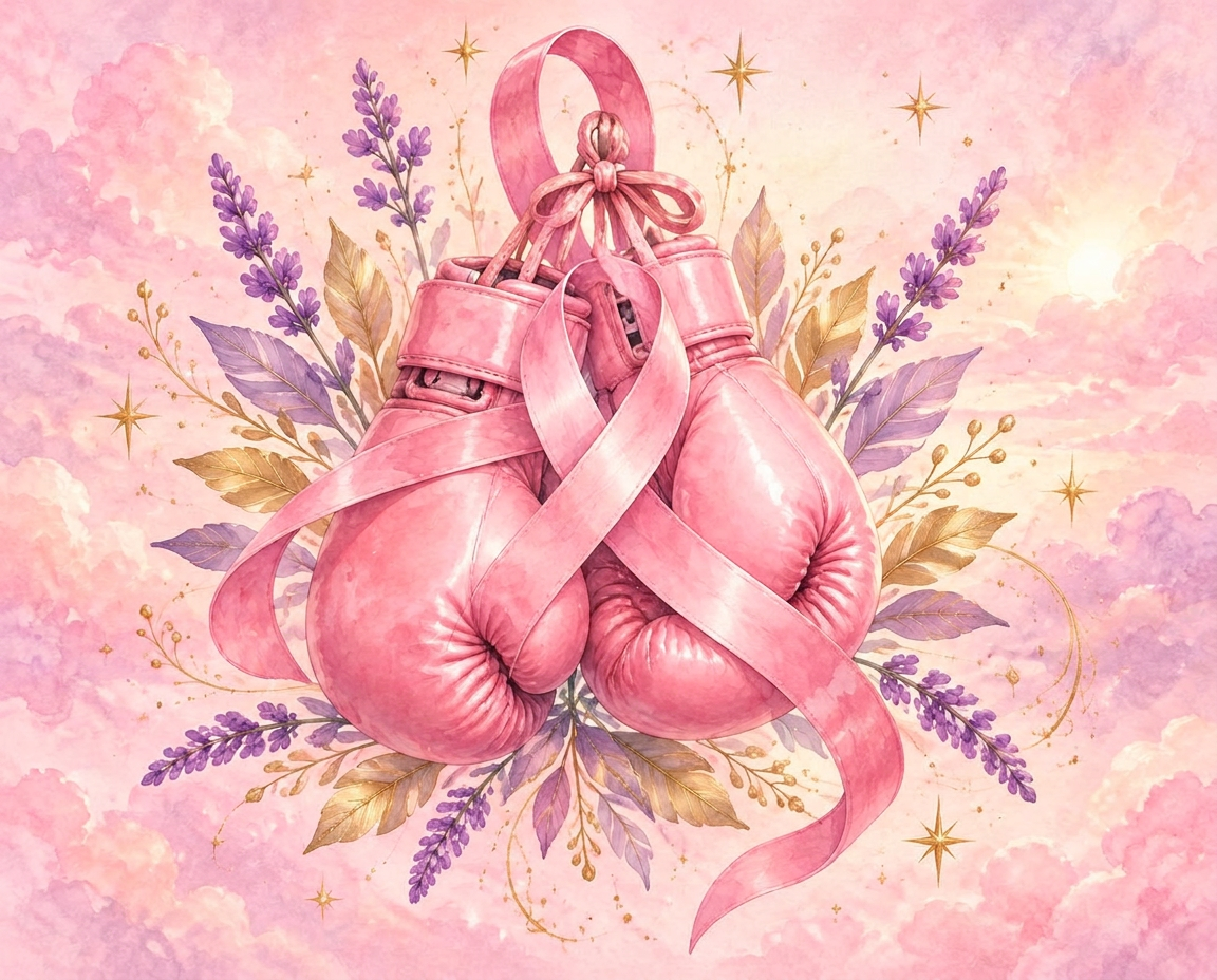 Pink boxing gloves wrapped in a pink ribbon among lavender